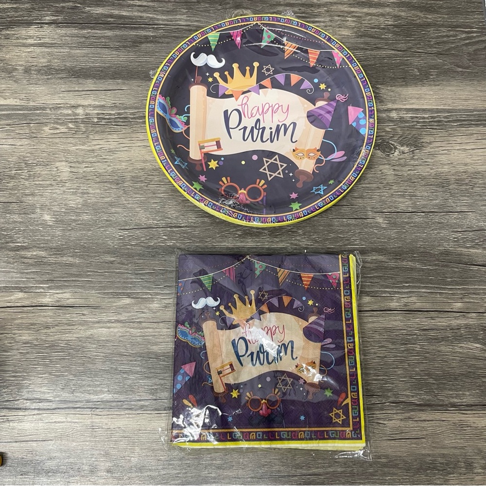 Happy‎ Purim Party Plates & Napkins Set • Festive Jewish Holiday Tableware